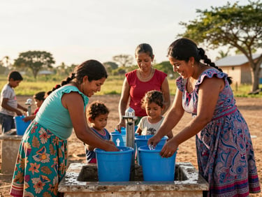 Mujeres y niños de una comunidad rural de Lempira llenando cubos de agua de un nuevo grifo comunitario, sonriendo, bajo la luz del sol de la tarde. Enfoque en la dignidad y el acceso al agua.