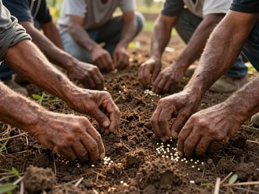 Manos de agricultores hondureños trabajando la tierra fértil, sembrando semillas. Luz natural cálida, enfoque en el detalle y el esfuerzo colaborativo.