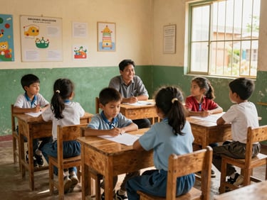 Un grupo de niños hondureños sentados en pupitres de madera dentro de un aula luminosa y limpia, prestando atención a un maestro que sonríe. Las paredes están recién pintadas y hay materiales educativos simples. Luz natural de ventana. Estilo fotográfico editorial.