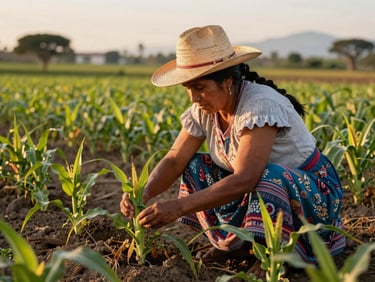 Una mujer agricultora hondureña, con un sombrero de paja, examinando cuidadosamente una planta de maíz saludable en un campo verde. Sus manos están en contacto con la planta, mostrando cuidado y conocimiento. Luz dorada de atardecer. Estilo fotográfico editorial.