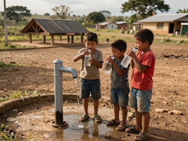 Niños de una comunidad rural hondureña riendo mientras beben agua fresca de un grifo recién instalado, con un acueducto simple pero funcional al fondo. Luz natural, ambiente de alegría y esperanza. Estilo fotográfico editorial.