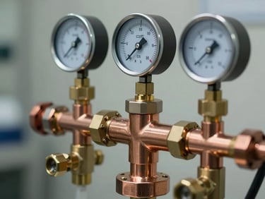 Close-up shot of a pristine copper medical gas manifold with clean brass valves and pressure gauges, high-contrast industrial lighting reflecting off polished metal, shallow depth of field.