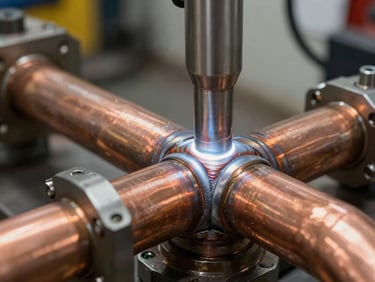 Extreme close-up of a perfect, clean weld on a copper manifold in an industrial utility room, sharp focus, technical precision.