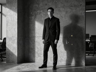Sleek, high-contrast black and white portrait of a corporate technical architect in a minimalist concrete office, dramatic low-key studio lighting, sharp shadows, 35mm