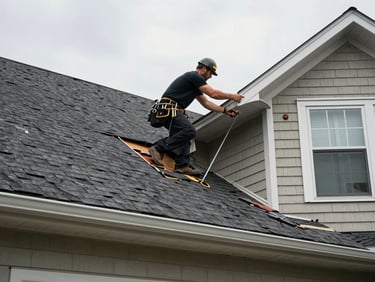 Wide environmental shot from ground level looking up at a roofer measuring a damaged shingle section on a suburban Sioux City home, overcast Midwest sky above, tool belt visible, natural daylight, no posed expressions