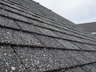 Close-up of worn asphalt shingles with cracked edges and granule loss on a Midwest home, natural overcast daylight, side-angle framing showing texture and age detail