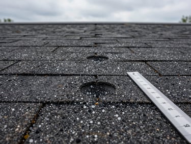Close-up of hail impact craters on dark asphalt shingles, granule loss visible around each dent, flat natural daylight from overcast Iowa sky, ruler held alongside for scale