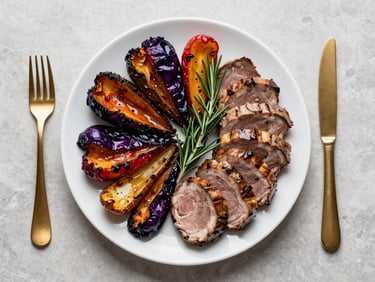 Overhead flat-lay of a holiday table section — deep jewel-tone roasted vegetables and carved proteins on white porcelain, gold flatware, seasonal garnish of rosemary sprigs, surgical overhead light, no people