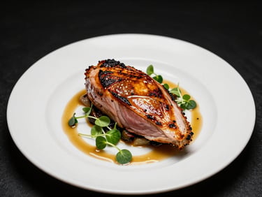 Close-up overhead of a plated wedding entrée — pan-seared duck breast fanned on a white plate, microgreens and golden jus pooled at the edge, surgical studio lighting, black negative space background