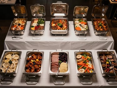 Wide overhead shot of a full buffet table — chafing dishes open, ingredients in precise labeled rows, no guests, hard directional light from above, white linen and polished steel surfaces