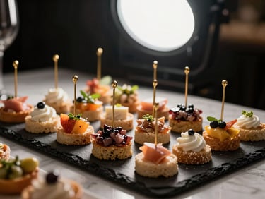 Close-up of a cocktail reception canapé tray — precisely arranged bite-sized appetizers on a black slate board, gold cocktail picks, bright studio strobe light from above, dark background
