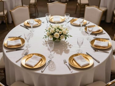 Overhead wide shot of a wedding reception banquet table — white and ivory linens, multiple place settings in sharp focus, crystal stemware, gold chargers aligned with surgical precision, no guests, no florals as hero, bright studio-quality directional light from above