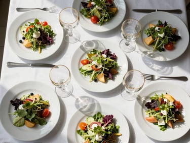 Overhead flat-lay of a corporate luncheon table section — minimalist white plates, neatly plated composed salads, gold-rimmed glasses, directional daylight from the upper left, no people