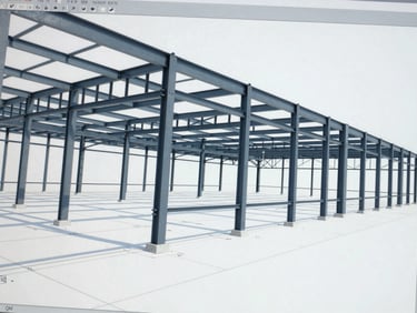 Extreme close-up of a high-contrast CAD software screen displaying detailed structural blueprints of a commercial steel frame, bright clean technical studio lighting, cool blue and slate tones.