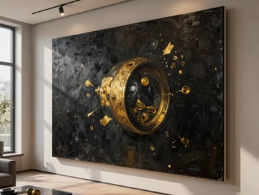Macro detail of a large-scale oil painting hung in a luxury modern living room, natural window light, realistic shadows