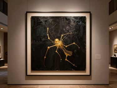 A framed gallery-grade canvas installation in a premium residential lobby, warm gallery spotlights, sophisticated mood