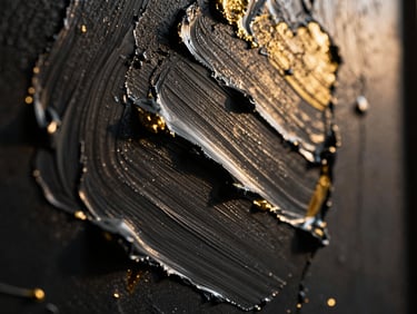 Macro detail of thick impasto paint ridges under dramatic side-lighting, showcasing physical depth and gold accents