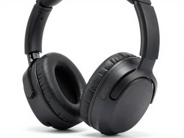 Close-up of premium noise-cancelling headphones on a white background, bright neutral studio lighting, sharp focus, realistic textures, 50mm lens