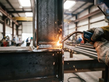 Close-up of clean weld joints on a steel beam, bright natural daylight, dramatic sparks from welding torches, high contrast metallic tones, sharp focus, 35mm lens