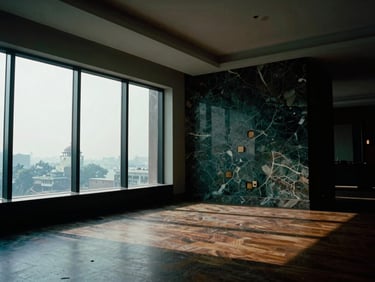 A cinematic wide-angle shot of a luxury penthouse interior in New Delhi, dramatic directional window light casting long shadows on premium marble and teak, medium format.