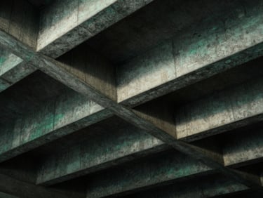 Abstract architectural detail of geometric concrete ceiling structures, high-contrast light and shadow, precise lines.