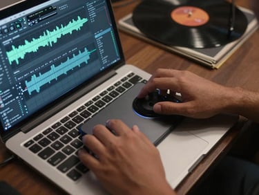 Close-up overhead of a producer's hands on a laptop trackpad, DAW waveform editor visible on screen, cool studio desk lighting, vinyl records stacked to the right edge of frame, Delhi studio environment