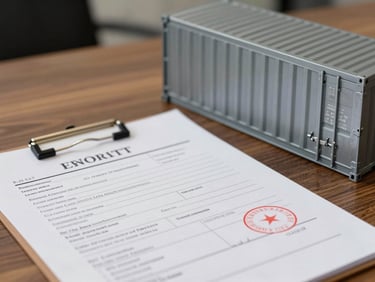 Close-up of export documents with official stamps on a wooden desk next to a steel shipping container model, sharp focus, professional setup.
