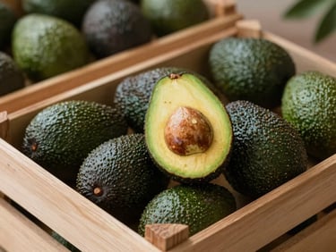 Close-up of high-quality Mexican export goods, agricultural avocados packed in structured wooden crates, soft natural lighting.