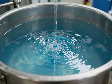 Electronics and semiconductor fab wastewater treatment tank, clear blue-tinted rinse water in a stainless steel basin, close-up of fluid surface under controlled plant lighting showing chemical treatment effect