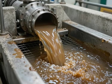 Close-up of a food processing plant effluent channel, murky brown high-COD discharge flowing under steel grating, natural plant lighting, concrete walls visible