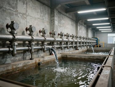 General manufacturing plant effluent treatment bay, steel dosing lines running along a concrete wall above an active clarifier tank, mid-shot under industrial fluorescent and ambient daylight