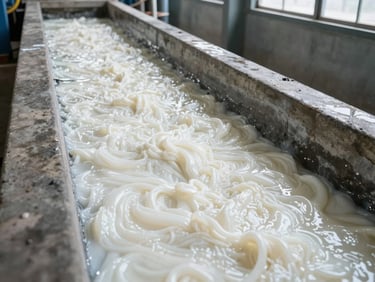 Rubber latex processing plant effluent channel, opaque white latex wastewater flowing through a concrete trough, close-medium shot under natural daylight from overhead skylights