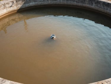 Close-up overhead view of an active industrial wastewater treatment tank showing a visible clarity gradient across the water surface — turbid brown influent on one side transitioning to cleaner, lighter effluent on the other, concrete tank walls visible at frame edges, natural daylight casting low shadows across the fluid surface, no people present