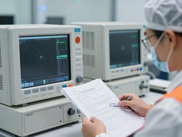 Close-up of advanced monitoring equipment displaying technical data, with a technician in clean gear reviewing compliance documents in a professional headquarters setting, bright daylight, sharp focus, cool slate tones with safety orange accents, professional documentary style