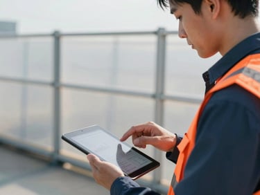 Close-up of a technician in high-visibility gear reviewing data on a tablet, with a containment barrier in the background, bright daylight, professional documentary style.