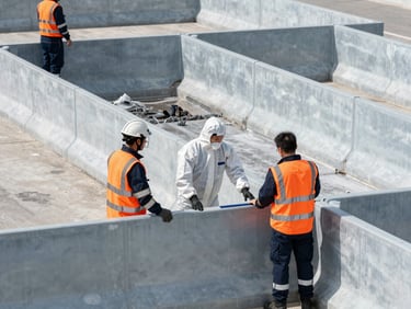 Technicians in high-visibility gear and clean suits setting up structured containment barriers around a hazardous material spill, bright daylight, sharp focus, cool slate tones with safety orange accents, professional documentary style