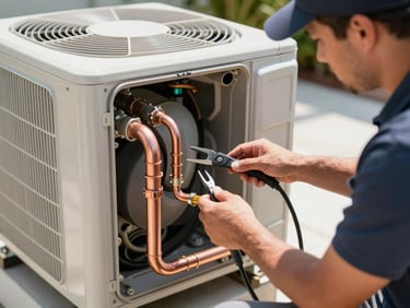 A professional technician working on an outdoor AC condenser unit in bright Florida sunshine, detailed shot of clean copper piping and tools, high-key natural lighting.
