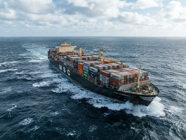 Wide-angle environmental shot of a massive container ship loaded with cargo, navigating high seas under crisp daylight, cool blue tones, high-end editorial maritime photography.