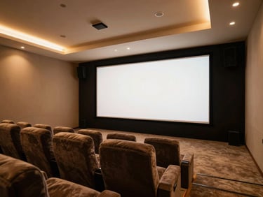 Luxury home theater with plush seating, large projection screen, hidden speakers, warm cinematic lighting, architectural interior, 35mm.