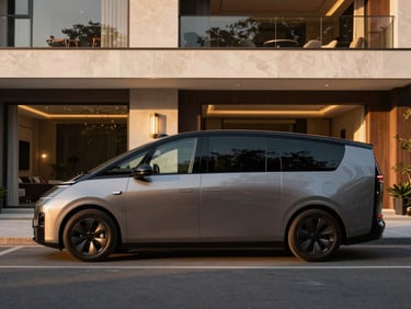 Clean, modern, branded service vehicle parked outside a luxury residence, golden hour, professional and discreet, 35mm