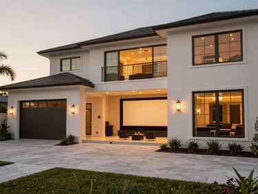 Wide architectural shot of a luxury home exterior in Destin, Florida, at golden hour, clean lines, pristine landscaping, 35mm