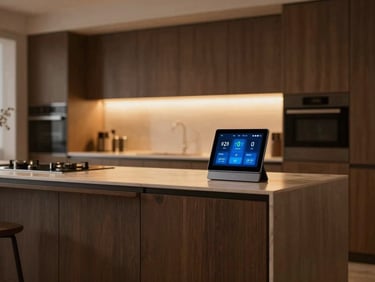 Elegant kitchen island with a discreet, flush-mounted smart home control tablet displaying climate and lighting settings, warm interior light, 35mm.