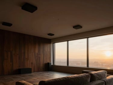 Modern living room with integrated ceiling speakers, minimalist design, no visible audio equipment, golden-hour light through large windows, 35mm.