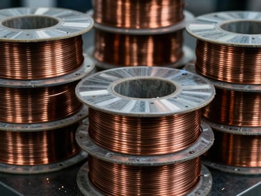 Macro shot of copper-coated MIG wire spools stacked in a clean automotive staging area, high-contrast industrial lighting, 35mm