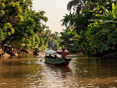 Traditional Mekong River longtail boat navigating a narrow, lush canal, local life visible on the banks, warm afternoon light, rich organic tones