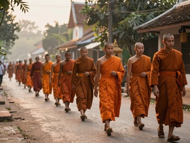 Monks in saffron robes walking in a procession in Luang Prabang, Laos, quiet street, soft morning light.