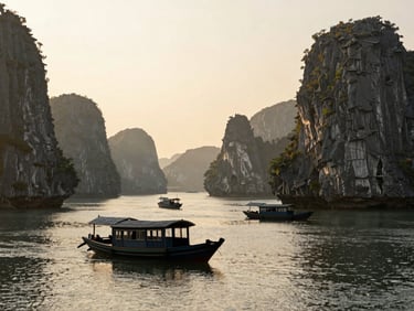 Panoramic view of limestone karsts in Halong Bay at sunrise, traditional junk boats in the foreground, soft mist.