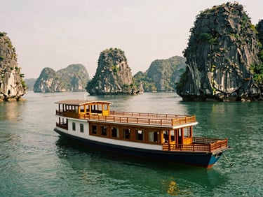Mid-tier Halong Bay cruise ship with traditional wooden elements, calm emerald water, limestone karsts in background, soft daylight, warm editorial travel photography