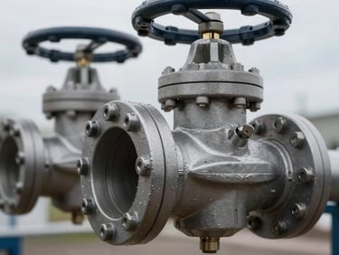 Extreme macro close-up of heavy industrial steel valves and high-pressure piping, sharp technical focus, overcast cold daylight.