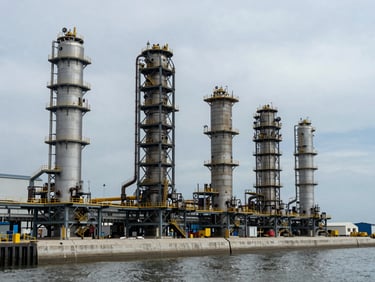 Wide environmental shot of Tanjung Agas industrial site at overcast daylight, steel infrastructure foundations rising near the Pahang coastline, technical and structured composition.